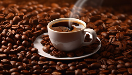 Fototapeta premium Coffee beans background with cup of coffee 