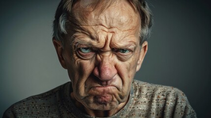 A portrait of a man with a disgusted expression. His nose is wrinkled and his mouth is turned down. - obrazy, fototapety, plakaty