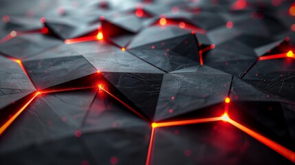 Black and red polygons with glowing red lines on a dark steel mesh background with free space for design. Modern technology innovation concept background. - obrazy, fototapety, plakaty