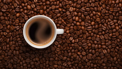 Fototapeta premium Coffee beans background with cup of coffee top view