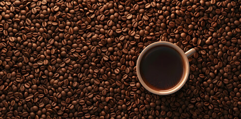 Coffee beans background with cup of coffee top view