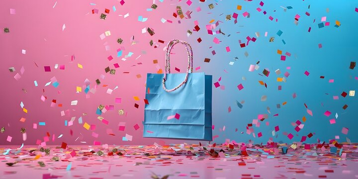 event sale and discount creative banner shopping bags flying with confetti