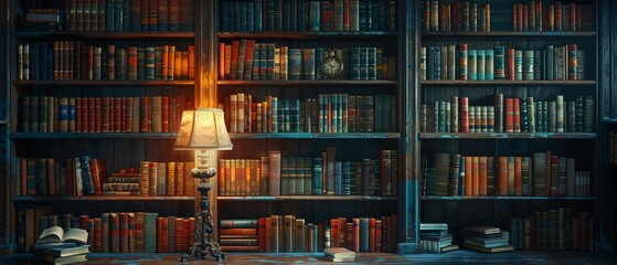 A serene moment of solitude in a library the texture of the books and the vivid colors of the bindings highlighted by the dramatic side light of a reading lamp - obrazy, fototapety, plakaty