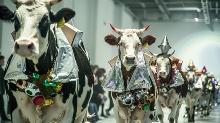 Parade of decorated cows with glittery capes and decorative headdresses indoors