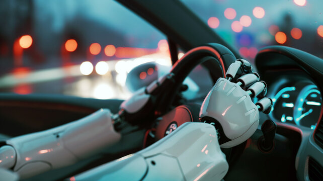 View from side of the robot driving car on a busy road. Concept of a vehicle that can be driven autonomously by artificial intelligence autopilot technology. Deep of field