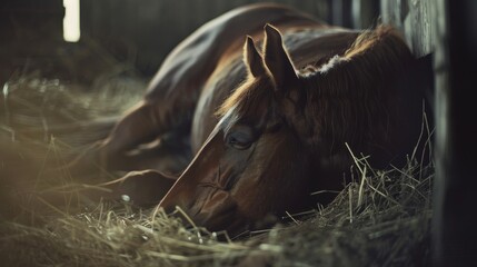 Fototapeta premium Resting brown horse lying on a bed of straw in a dimly lit stable