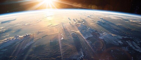 A panoramic view of the Earth from space, with the sun casting its warm glow over land and sea. The horizon is visible as it touches down on distant oceans and continents, creating an atmosphere of aw - obrazy, fototapety, plakaty