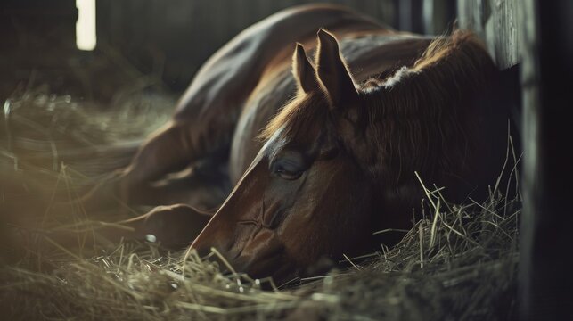 Resting brown horse lying on a bed of straw in a dimly lit stable