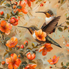 hummingbird and flowers, seamless pattern