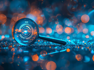 Futuristic concept art of a magnifying glass focusing on a 2025 target, symbolizing goals - obrazy, fototapety, plakaty