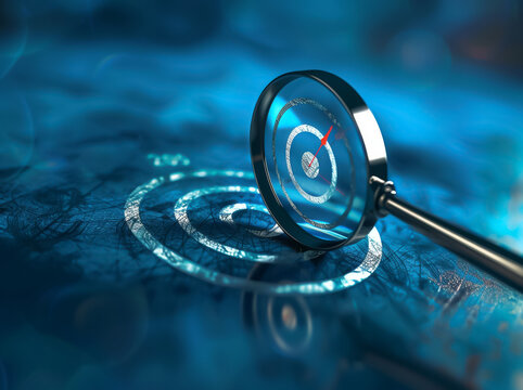Futuristic concept art of a magnifying glass focusing on a 2025 target, symbolizing goals