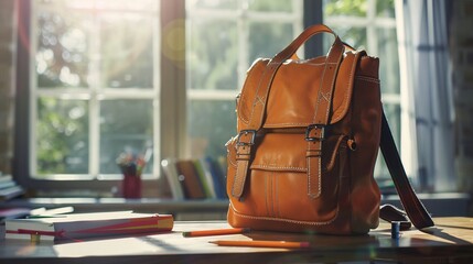 a brown backpack and pencils on a table