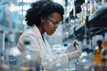 Focused scientist working with a pipette and samples in a laboratory. - obrazy, fototapety, plakaty