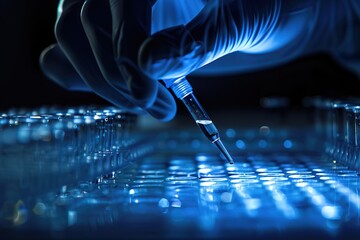 A researcher uses a pipette over test tubes in a lab with a blue light.