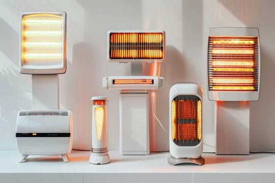 A collection of electric space heaters, each emitting warm air, displayed on a white surface.