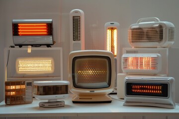 A collection of electric space heaters, each emitting warm air, displayed on a white surface. - obrazy, fototapety, plakaty