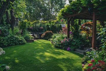 Obraz premium Beautiful landscaped backyard with lush garden