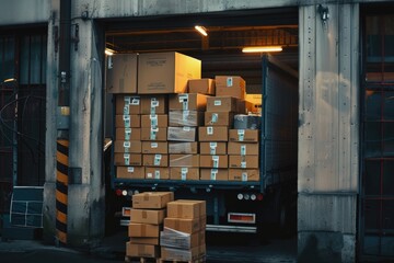 Boxes packaged and loaded into large truck outside