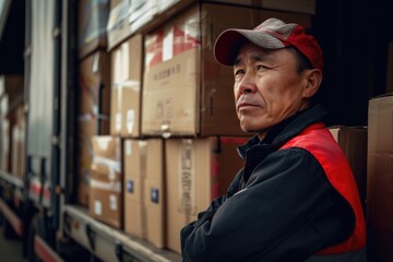Portrait of a delivery man next to cargo truck full of packages