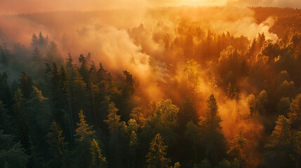 Aerial view of a forest on the verge of a wildfire a vivid representation of heatwave dangers shot at golden hour - obrazy, fototapety, plakaty