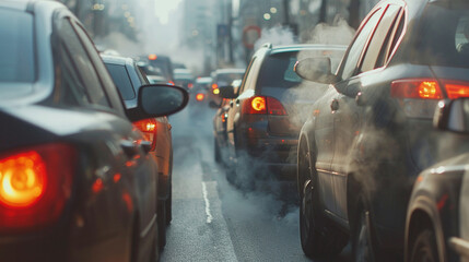 A line of cars in bumper to bumper traffic exhaust fumes clouding the air underlining urban pollution issues - obrazy, fototapety, plakaty