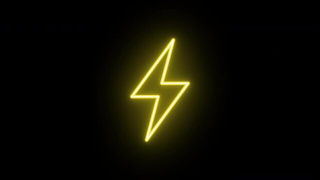 Neon lightning icon animation, slow blink. Glowing neon lightning sign, looped slow flashing animation. Electric energy, electricity charge, thunderbolt power, voltage. Yellow, green, orange colors