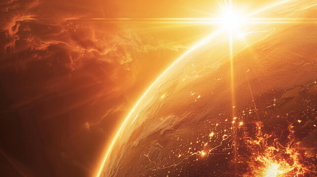 Solar flare effect with Earth in perspective illustrating intense heatwave and climate change impact futuristic feel