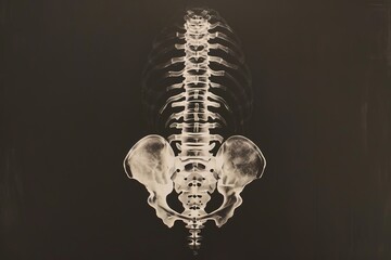 X-ray image of a human pelvis and spine against a black background.