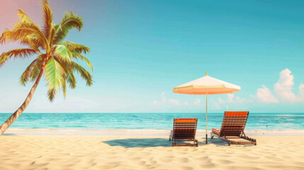 Obraz premium Chairs And Parasol With Palm Trees In The Tropical Beach