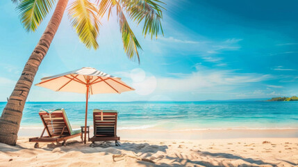 Chairs And Parasol With Palm Trees In The Tropical Beach