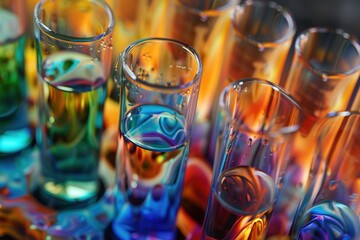 Colorful test tubes in a laboratory setting.