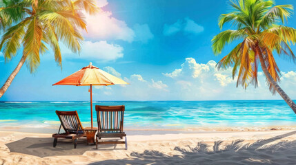 Chairs And Parasol With Palm Trees In The Tropical Beach