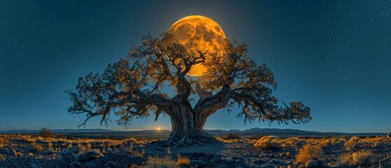 An ancient tree lit by the dramatic side light of a full moon casting long haunting shadows across the land - obrazy, fototapety, plakaty