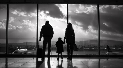 A family is standing in front of an airport window with luggage, AI