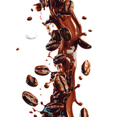 A dynamic splash of coffee beans in midair, with a glossy chocolate liquid pouring around them...
