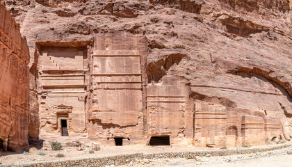 Wadi Musa, Jordan - A view of some of the world famous rock cut temples and tombs in Petra, Jordan