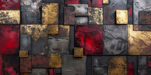 Abstract painting with squares in red and orange goldtones on dark background, perfect for wall decoration.abstract wall art of geometric squares in black and gold red, orange texture background