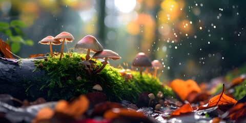 moss on a rock and overgrown with mushrooms - obrazy, fototapety, plakaty