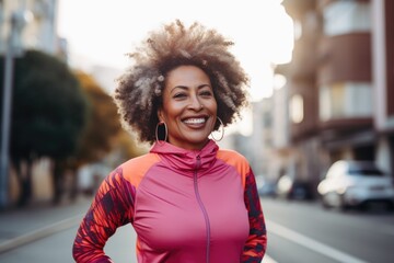 Fototapeta premium Portrait of a middle aged body positive woman in sportswear outside