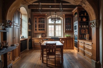 Traditional wooden kitchen interior design with rustic table and cabinet