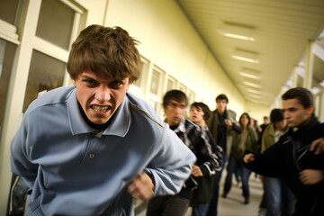 Angry Teenager Running Through Crowded School Hallway in Rage