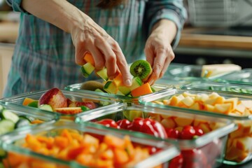 Woman putting cut fruit and vegetables into glass container