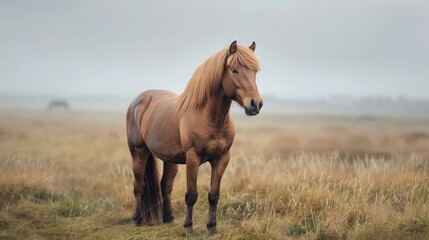 a regal red horse standing by the fence, its gaze fixed on the horizon, with subtle details highlighting its strength and beauty, evoking a mood of quiet contemplation and admiration.