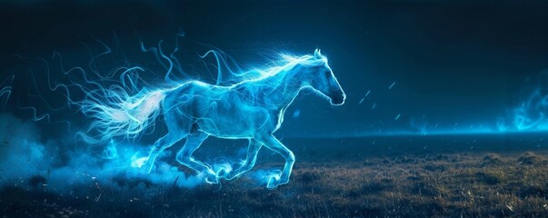 A neon-blue horse galloping in a field, its mane and tail trailing light like a comet in the night sky - obrazy, fototapety, plakaty