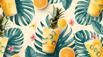 Illustration with tropical drink garnished with pineapple and orange. Piña colada cocktail is served in a large glass with kiwi slices and a mixture of pineapple, coconut cream and rum. Ai generated