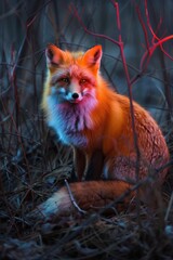 Obraz premium A neon-tailed fox sneaking through the farm at night, its vivid tail providing a flash of color against the dark fields