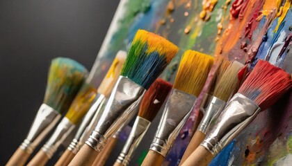 Obraz premium Colorful paint brush splashes on canvas. Row of artist paintbrushes closeup on artistic canvas