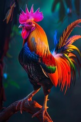 Fototapeta premium A rooster with neon tail feathers crowing at dawn, its vibrant colors heralding the morning in a dazzling display