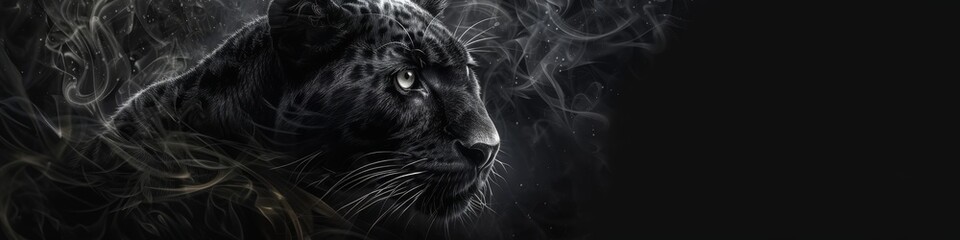 A sleek black panther, eyes gleaming, emerging from the shadows of a dark charcoal background - obrazy, fototapety, plakaty