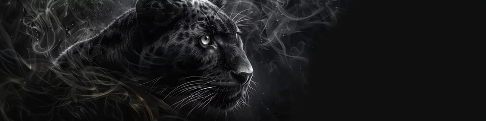 Foto op Canvas A sleek black panther, eyes gleaming, emerging from the shadows of a dark charcoal background © Shutter2U